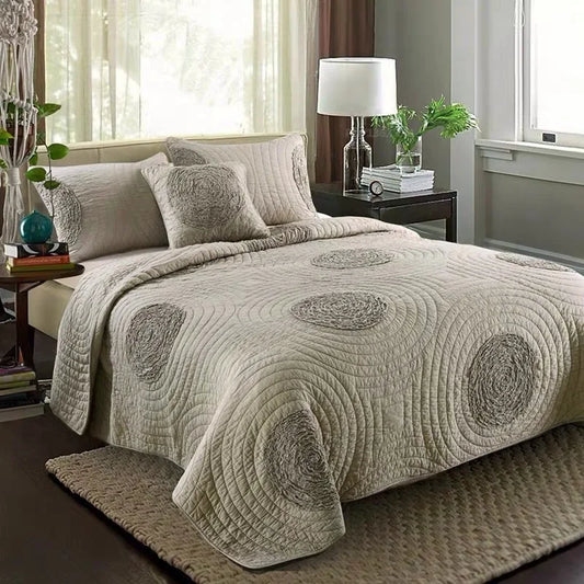 THL1025 Elegant Cotton Quilt Set with Embroidered Bedspread and Quilted Comforter