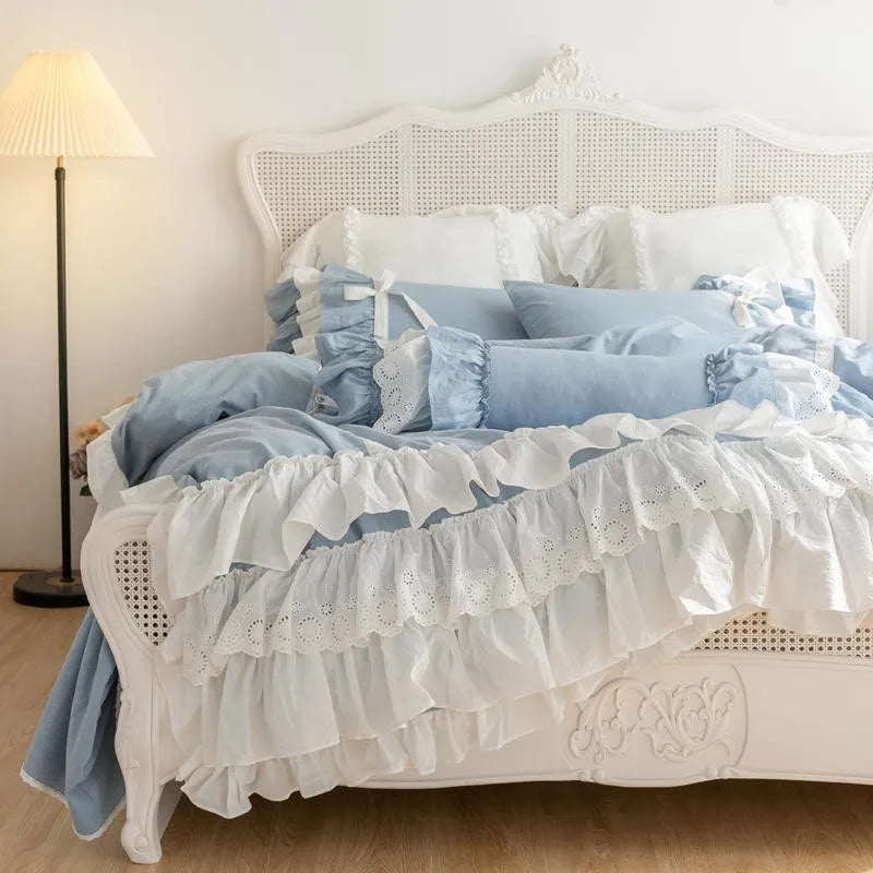 THL1127 Double Ruffle Waterfall Duvet Cover Shabby Chic Blue Farmhouse Bedding Set for Girls Room Décor