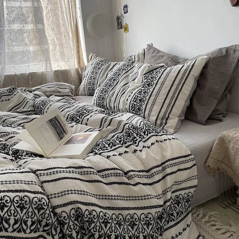 THL1146 Geometric Stripe Boho Duvet Cover Set Yarn Dyed Washed Cotton Comforter Cover & Bed Sheet