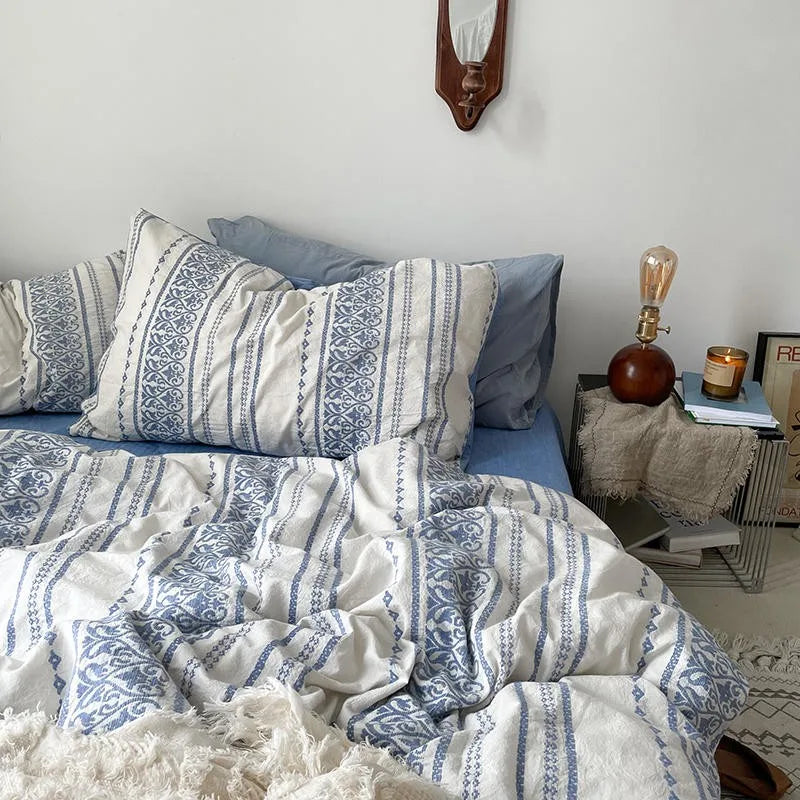 THL1146 Geometric Stripe Boho Duvet Cover Set Yarn Dyed Washed Cotton Comforter Cover & Bed Sheet