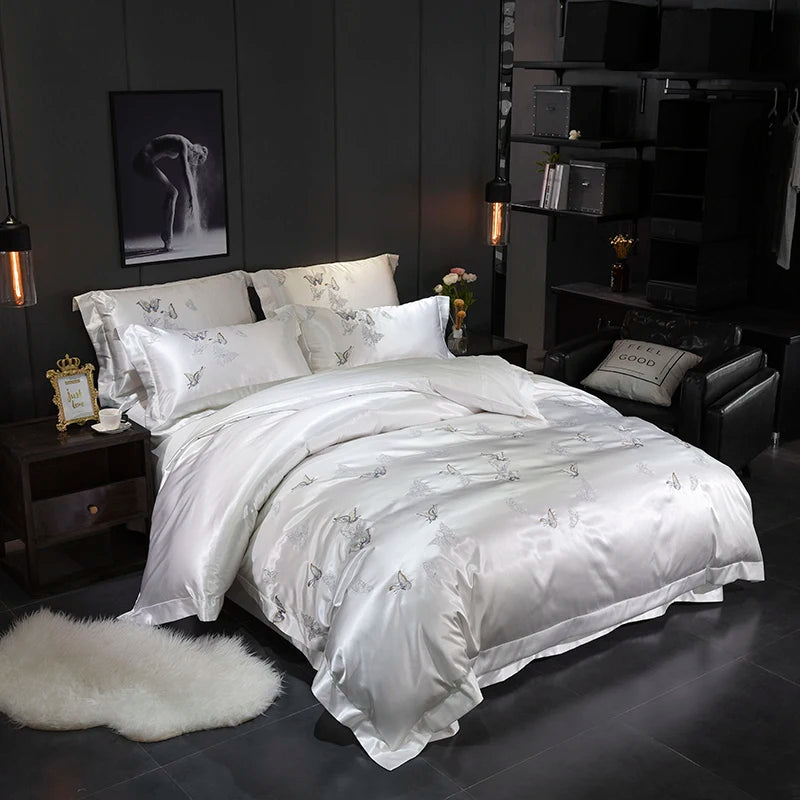 THL1067 Silver Gray Luxury Silky Satin Jacquard Embroidery Bedding Set