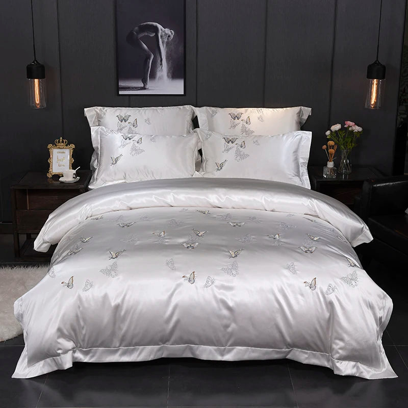 THL1067 Silver Gray Luxury Silky Satin Jacquard Embroidery Bedding Set