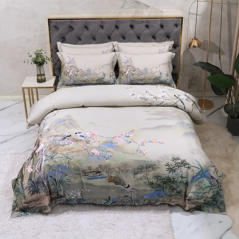 THL1068 Luxury Egyptian Cotton Bed Sheet with Elegant Birds and Flowers Leaf Design