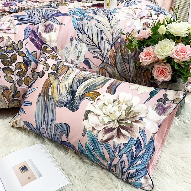 THL1020 Vintage Leaves Flowers Silky Soft Egyptian Cotton Duvet Cover Fitted Bedding Set