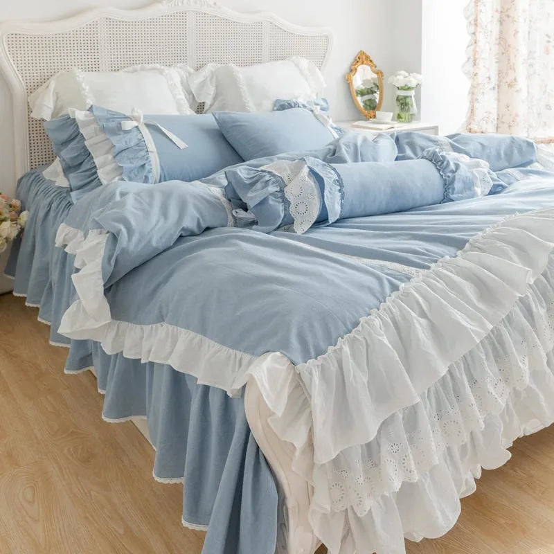 THL1127 Double Ruffle Waterfall Duvet Cover Shabby Chic Blue Farmhouse Bedding Set for Girls Room Décor