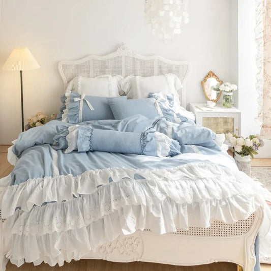 THL1127 Double Ruffle Waterfall Duvet Cover Shabby Chic Blue Farmhouse Bedding Set for Girls Room Décor