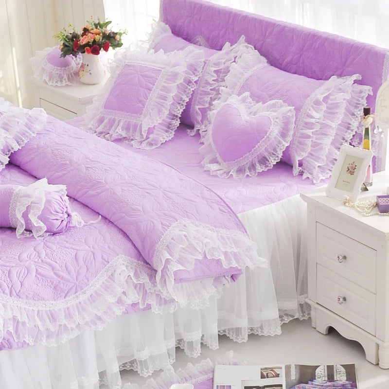 THL1039 Luxurious 100% Cotton Thick Quilted Lace Bedding Set Elegant Wedding & Royal Hotel Home Decor