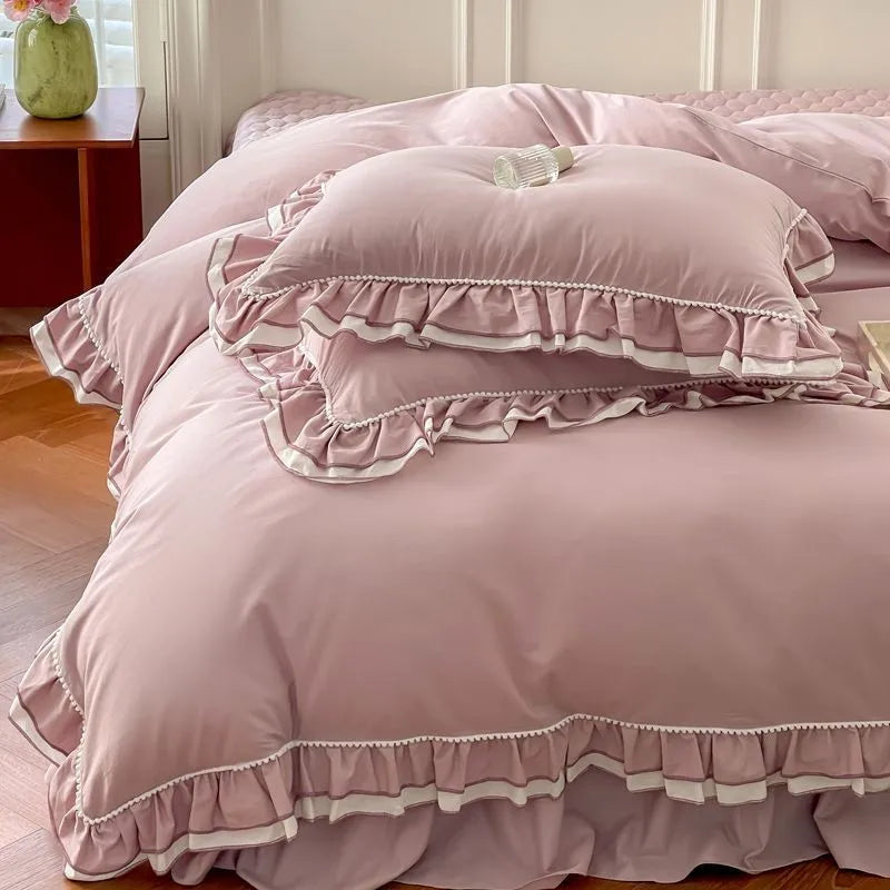 THL1123 Premium 100% Cotton Elegant Ruffled French Romantic Nature-Inspired Soft Bedding Set