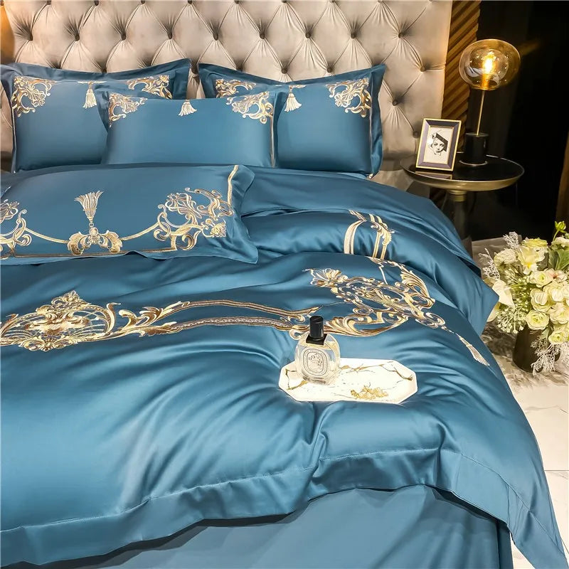 THL1160 Elegant 1000 Thread Count Egyptian Cotton Embroidered Luxury Bedding Set with Chic Duvet Cover and Bed Sheet