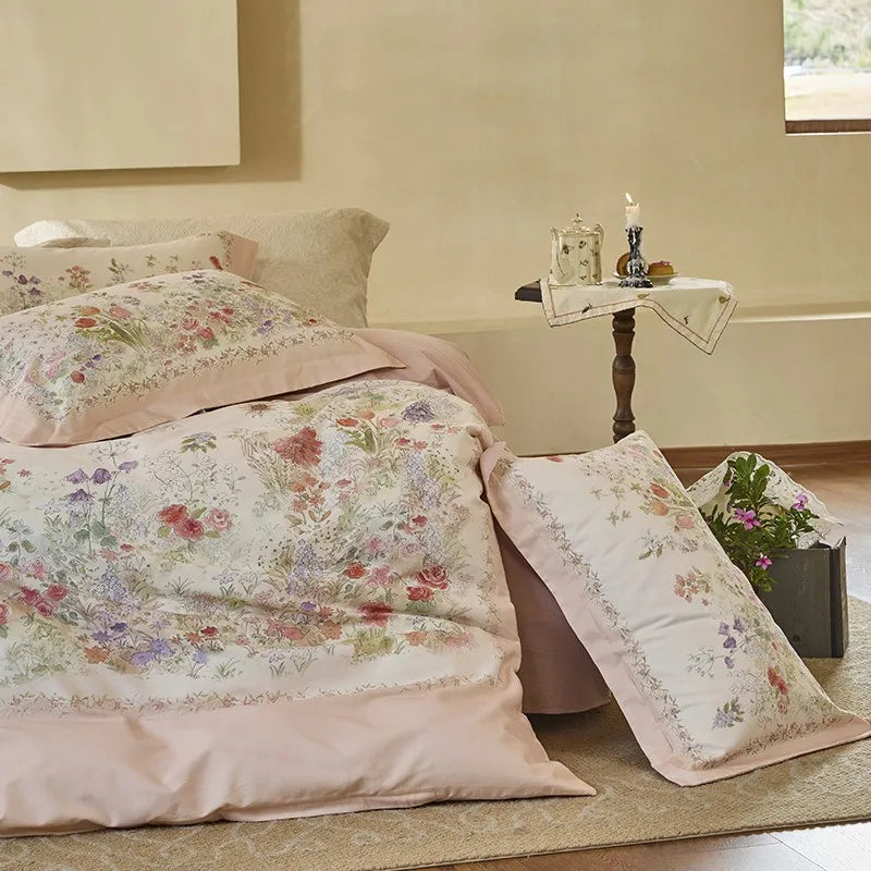 THL1172 100% soft cotton bedding set features a 600TC fabric construction with a chic and vibrant rose floral design.