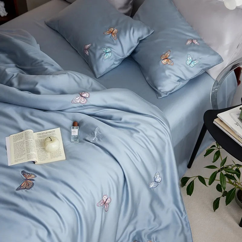 THL1149 Juego de cama suave y sedoso de lyocell con eucalipto y elegante funda nórdica con mariposas bordadas