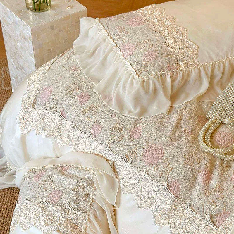 THL1064 Chic Stereoscopic Relief Rose Flowers Patchwork Bedding Set Egyptian Cotton with Chiffon Ruffles and Lace