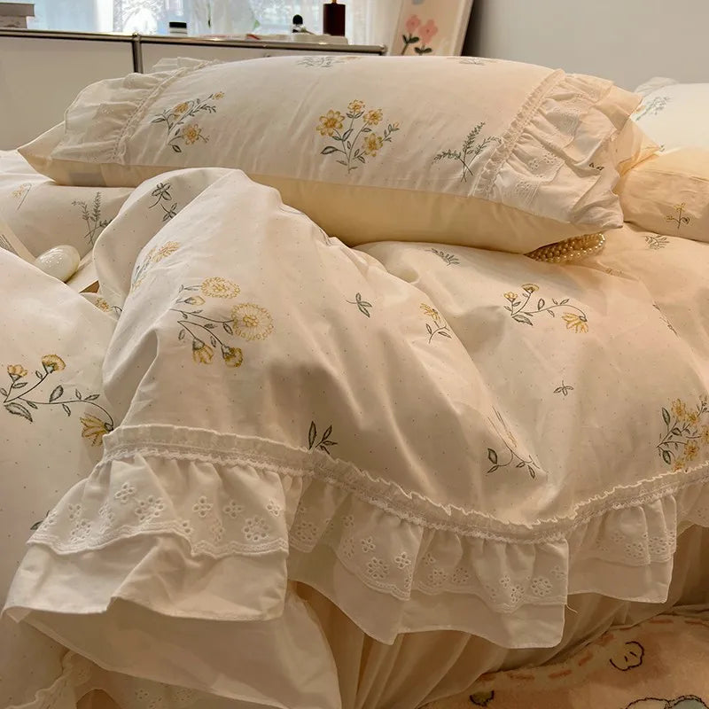 THL1086 100% Cotton Elegant Floral Duvet Cover Set White Lace Ruffle Bedding