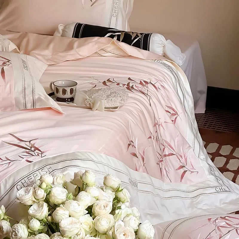 THL1161 Luxury 1000TC Egyptian Cotton Duvet Cover Set with Vintage Bamboo Leaves Embroidery Design