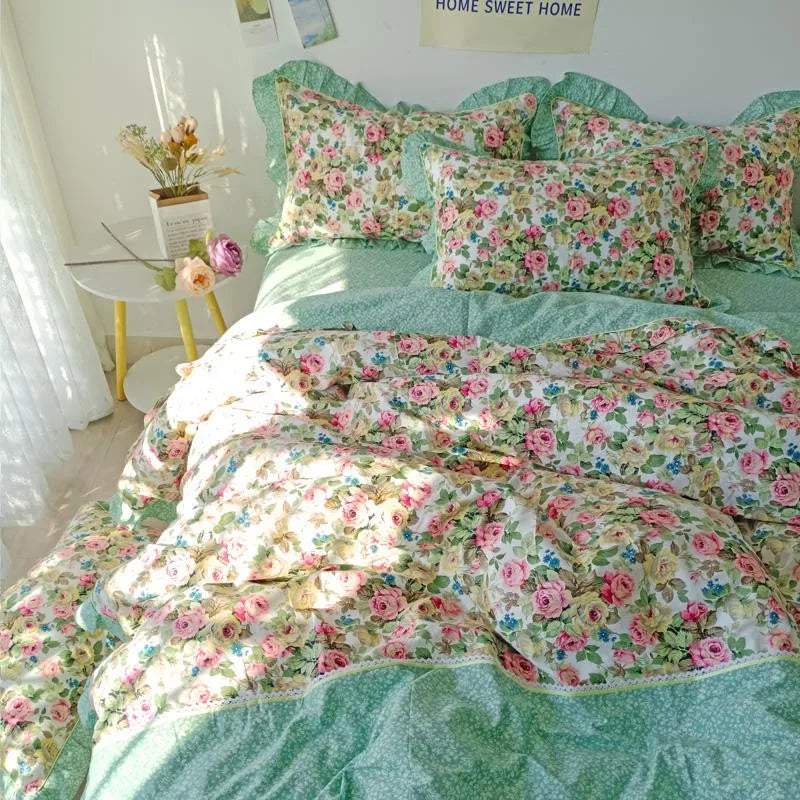 THL1116 Juego de cama de patchwork estilo campestre francés, elegante, suave y acogedor, 100 % algodón, con estampado floral primaveral