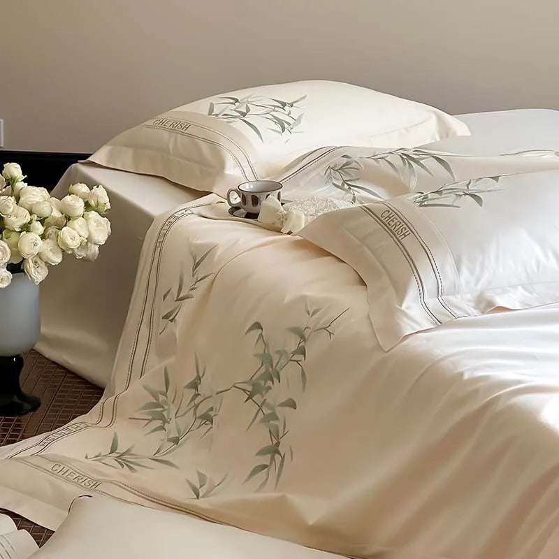 THL1161 Luxury 1000TC Egyptian Cotton Duvet Cover Set with Vintage Bamboo Leaves Embroidery Design