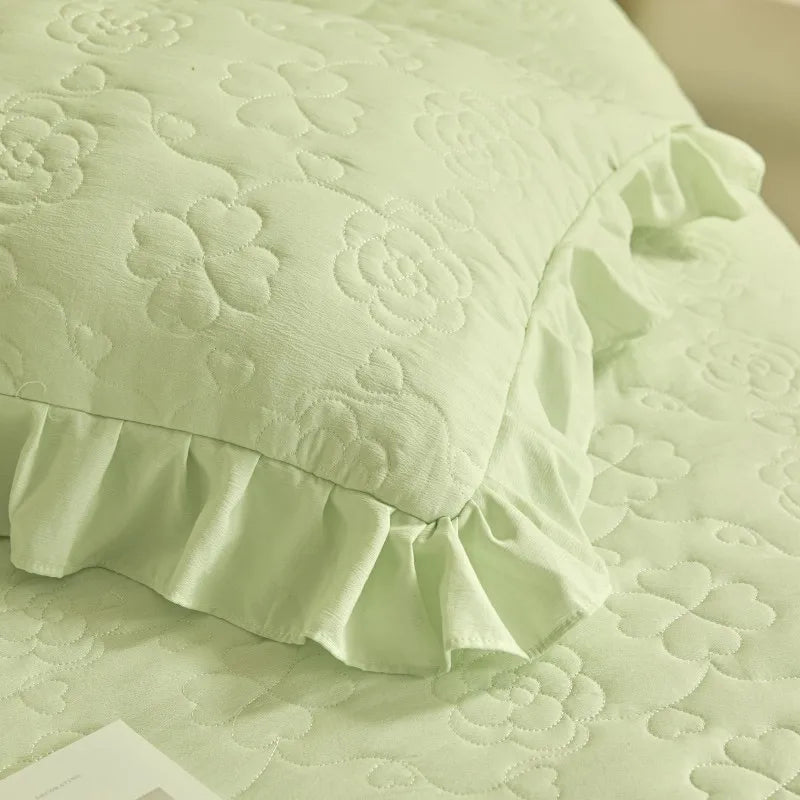 THL1078 Floral Embossed Lace Coverlet Bedspread Solid Bedding Set