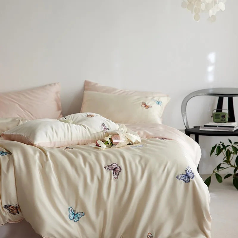 THL1149 Juego de cama suave y sedoso de lyocell con eucalipto y elegante funda nórdica con mariposas bordadas