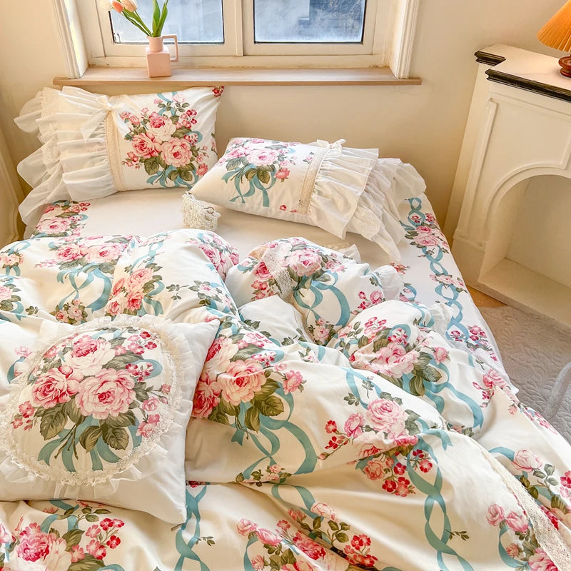 THL1065 100% Cotton Korean Style Princess Bedding Set Elegant Lace Ruffles and Floral Bedspread