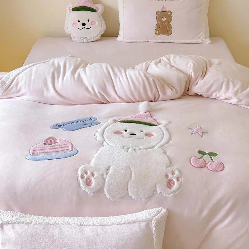 THL1158 3D Cartoon Christmas Tree & Cookie Appliques Velvet Bedding Set - Fluffy and Festive Comforter Cover Set