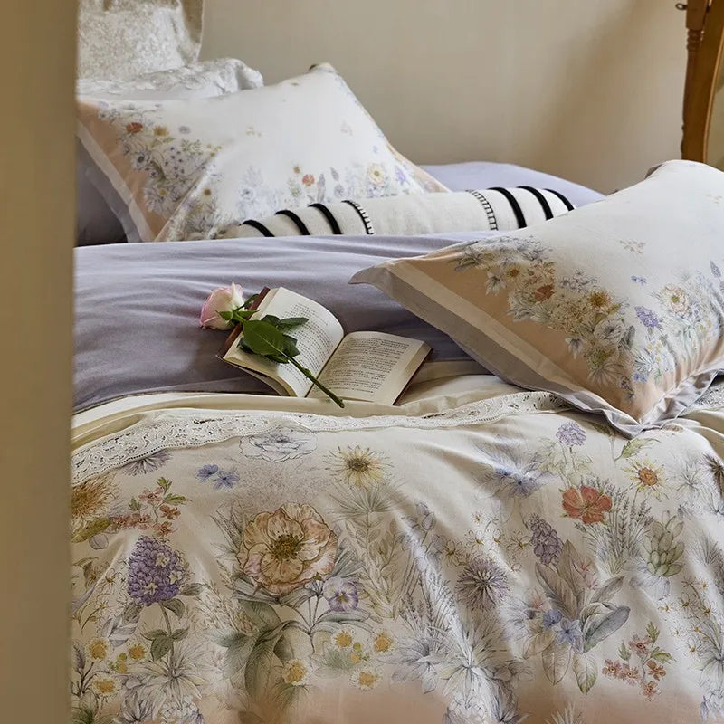 THL1172 100% soft cotton bedding set features a 600TC fabric construction with a chic and vibrant rose floral design.