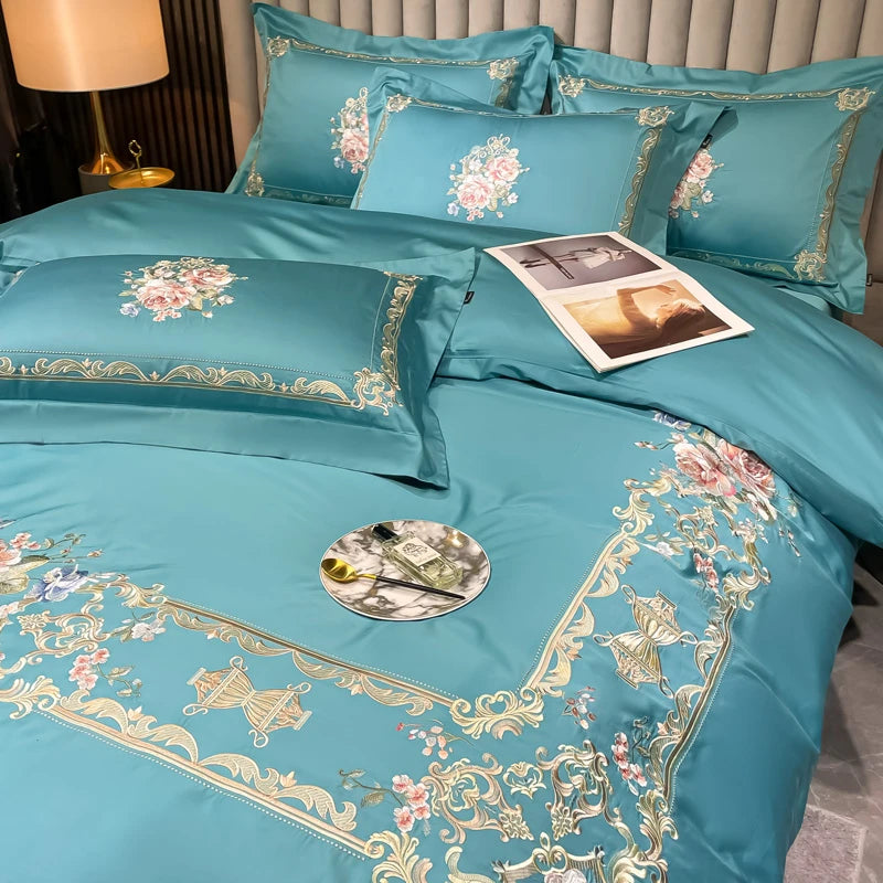 THL1169 Chic Embroidered Floral Frame Egyptian Cotton Luxury Bedding Duvet Cover Set