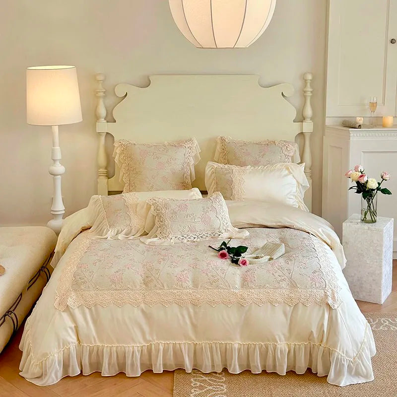 THL1064 Chic Stereoscopic Relief Rose Flowers Patchwork Bedding Set Egyptian Cotton with Chiffon Ruffles and Lace