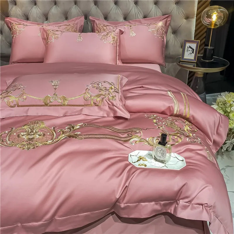 THL1160 Elegant 1000 Thread Count Egyptian Cotton Embroidered Luxury Bedding Set with Chic Duvet Cover and Bed Sheet