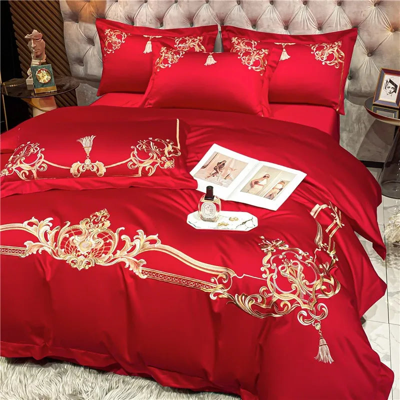 THL1160 Elegant 1000 Thread Count Egyptian Cotton Embroidered Luxury Bedding Set with Chic Duvet Cover and Bed Sheet