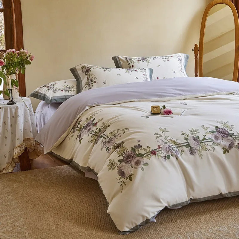 THL1172 100% soft cotton bedding set features a 600TC fabric construction with a chic and vibrant rose floral design.