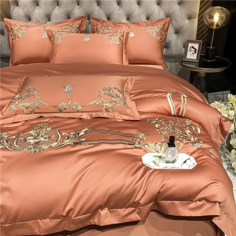 THL1160 Elegant 1000 Thread Count Egyptian Cotton Embroidered Luxury Bedding Set with Chic Duvet Cover and Bed Sheet