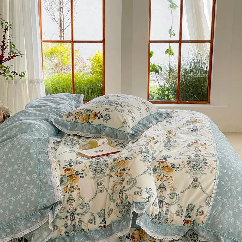 THL1074 Elegante juego de cama vintage con estampado floral de rosas, 100 % algodón y detalle de volantes