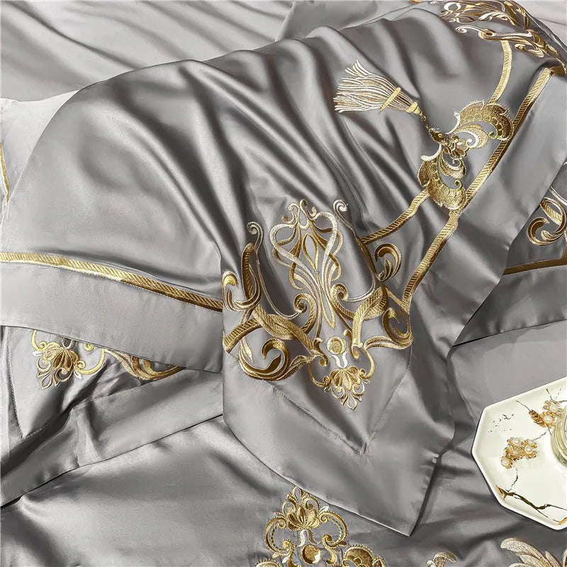 THL1160 Elegant 1000 Thread Count Egyptian Cotton Embroidered Luxury Bedding Set with Chic Duvet Cover and Bed Sheet