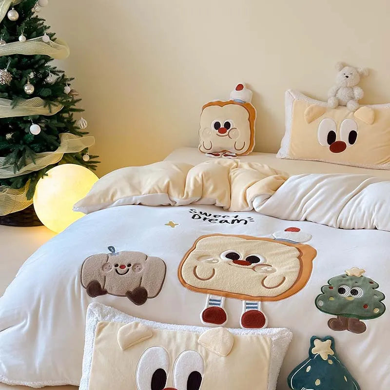 THL1158 3D Cartoon Christmas Tree & Cookie Appliques Velvet Bedding Set - Fluffy and Festive Comforter Cover Set