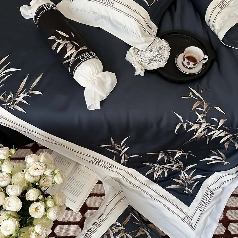 THL1161 Luxury 1000TC Egyptian Cotton Duvet Cover Set with Vintage Bamboo Leaves Embroidery Design