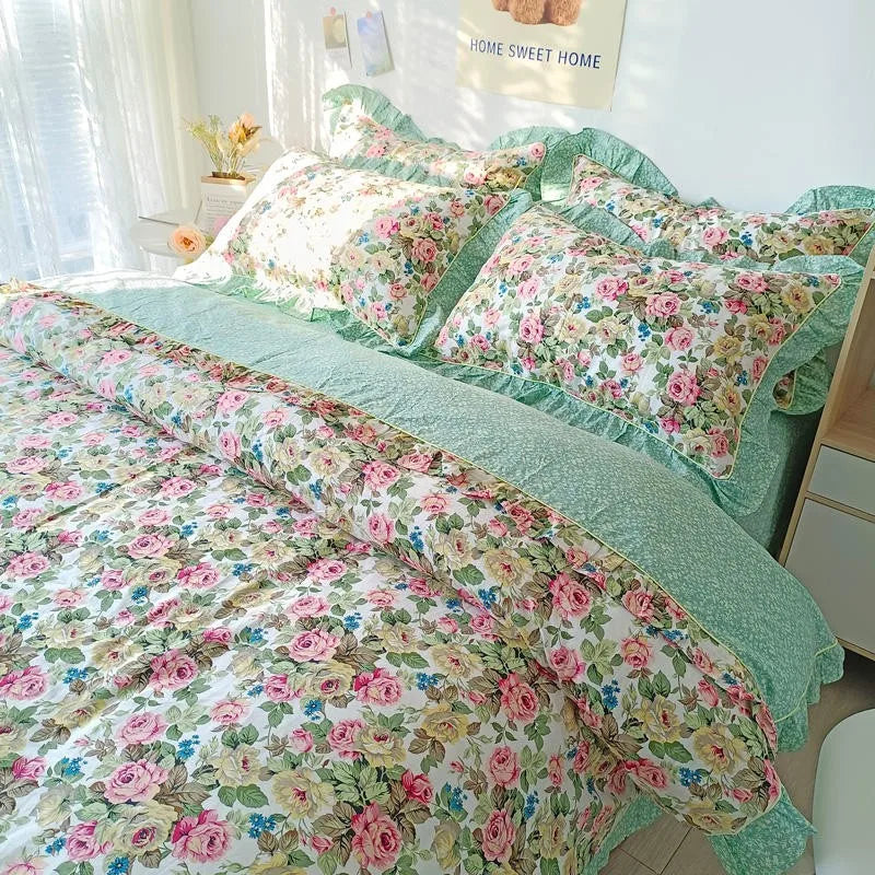 THL1116 Juego de cama de patchwork estilo campestre francés, elegante, suave y acogedor, 100 % algodón, con estampado floral primaveral