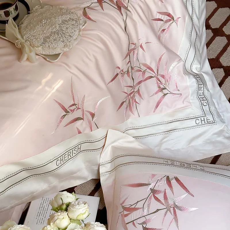 THL1161 Luxury 1000TC Egyptian Cotton Duvet Cover Set with Vintage Bamboo Leaves Embroidery Design