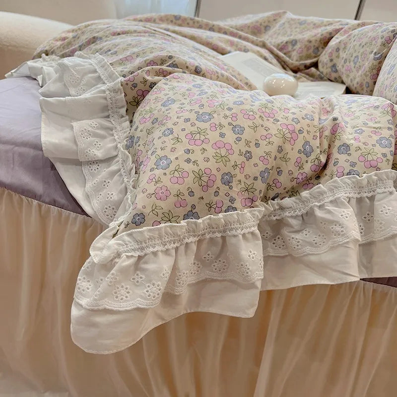 THL1086 100% Cotton Elegant Floral Duvet Cover Set White Lace Ruffle Bedding