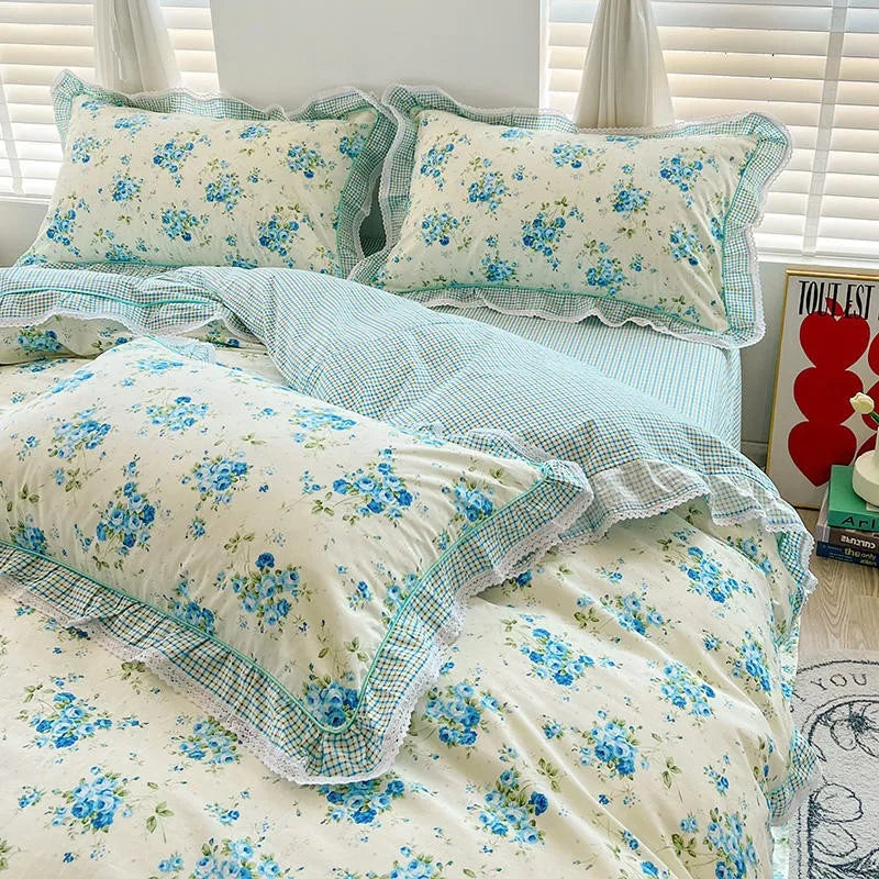 THL1116 Juego de cama de patchwork estilo campestre francés, elegante, suave y acogedor, 100 % algodón, con estampado floral primaveral