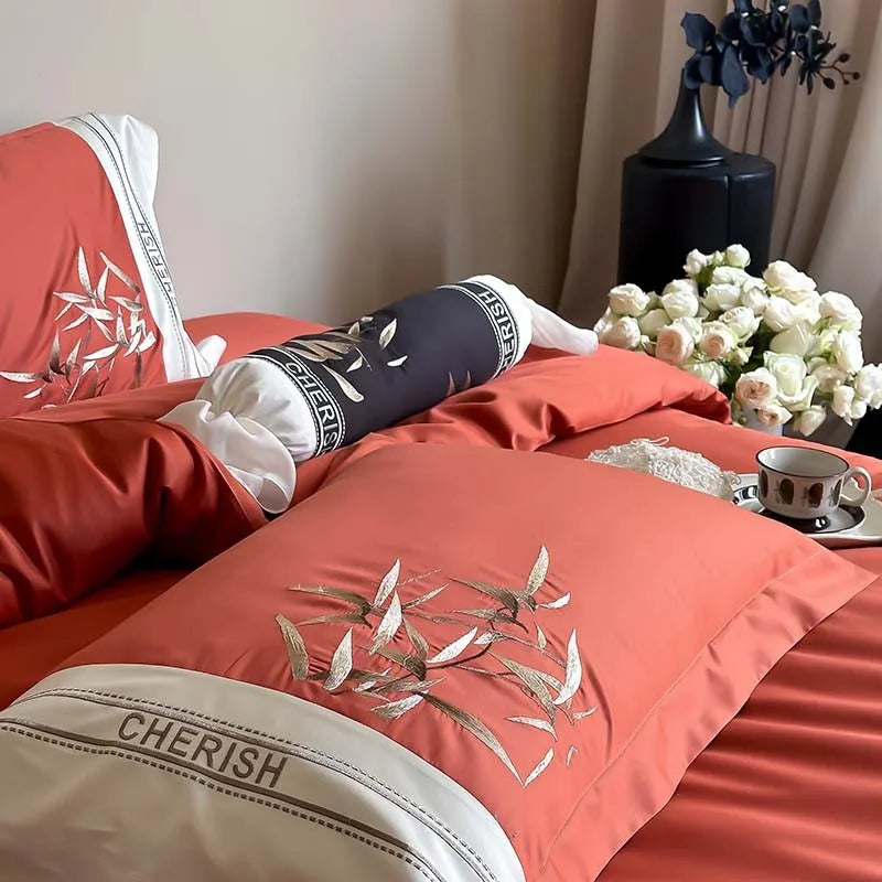 THL1161 Luxury 1000TC Egyptian Cotton Duvet Cover Set with Vintage Bamboo Leaves Embroidery Design