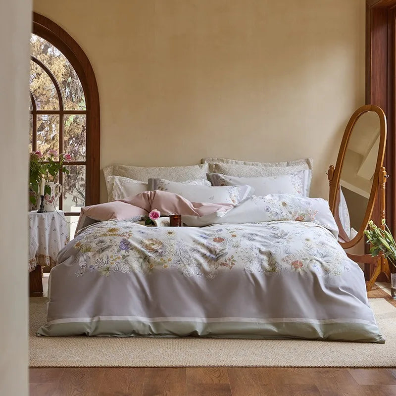 THL1172 100% soft cotton bedding set features a 600TC fabric construction with a chic and vibrant rose floral design.