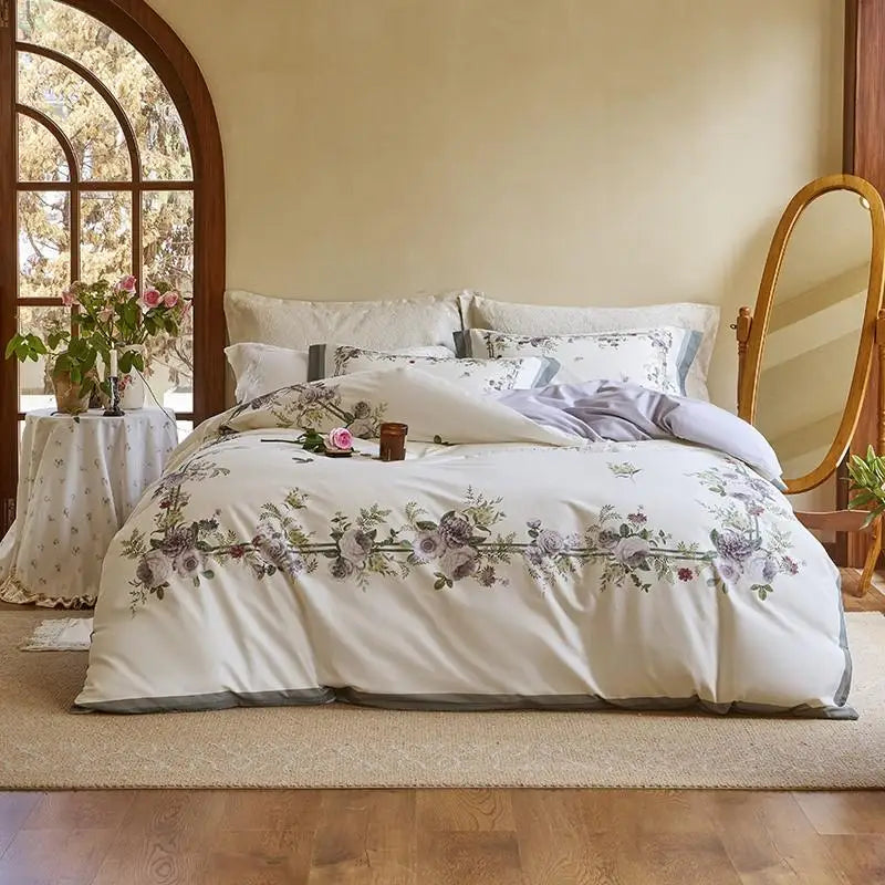 THL1172 100% soft cotton bedding set features a 600TC fabric construction with a chic and vibrant rose floral design.