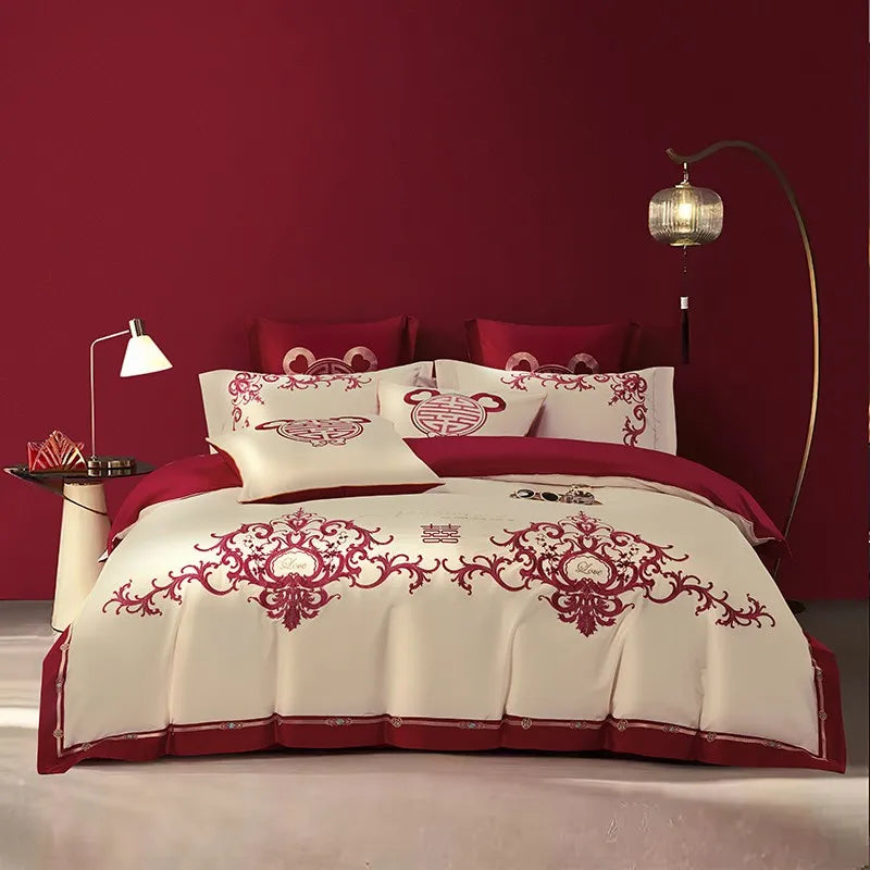 THL1109 Luxury Double Blossom Embroidery Wedding Red Bedding Set Egyptian Cotton