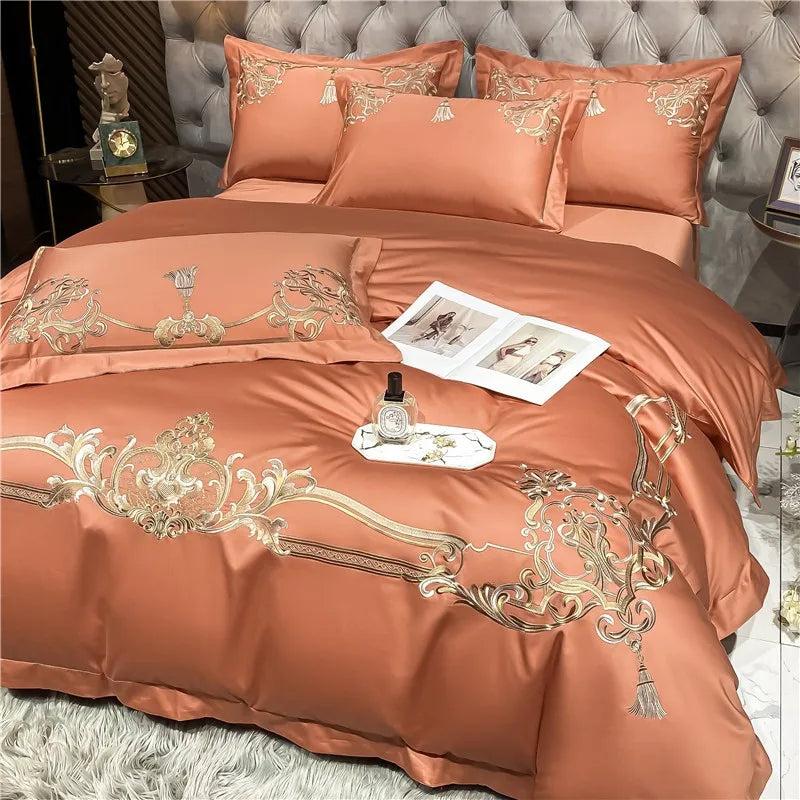 THL1160 Elegant 1000 Thread Count Egyptian Cotton Embroidered Luxury Bedding Set with Chic Duvet Cover and Bed Sheet