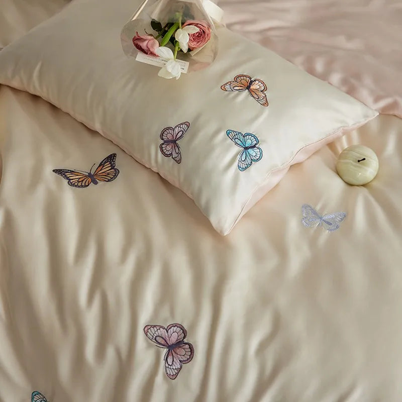 THL1149 Juego de cama suave y sedoso de lyocell con eucalipto y elegante funda nórdica con mariposas bordadas