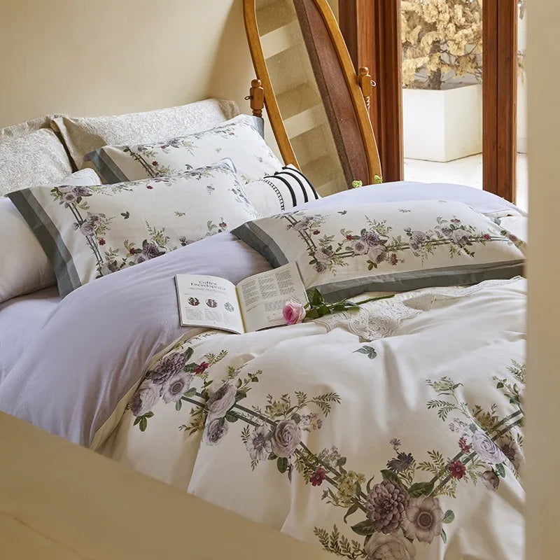 THL1172 100% soft cotton bedding set features a 600TC fabric construction with a chic and vibrant rose floral design.