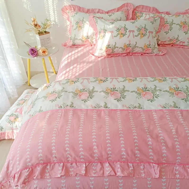 THL1116 100% Cotton, Soft and Cozy Blooming Spring Elegant Floral French Country Style Patchwork Bedding Set