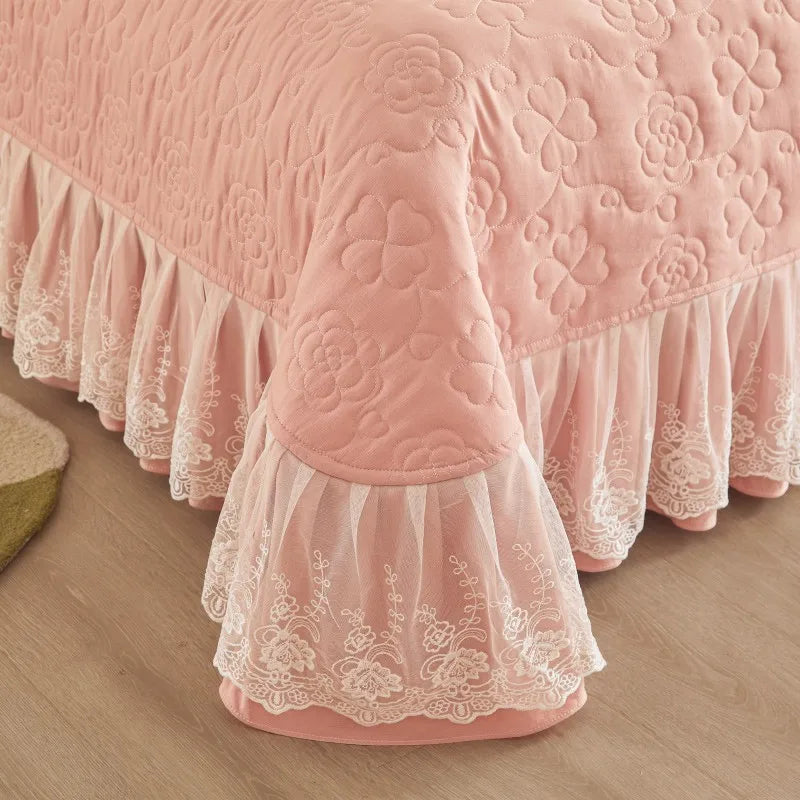 THL1078 Floral Embossed Lace Coverlet Bedspread Solid Bedding Set