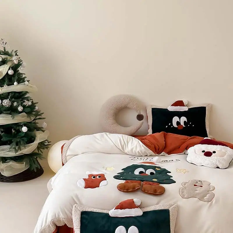 THL1158 3D Cartoon Christmas Tree & Cookie Appliques Velvet Bedding Set - Fluffy and Festive Comforter Cover Set