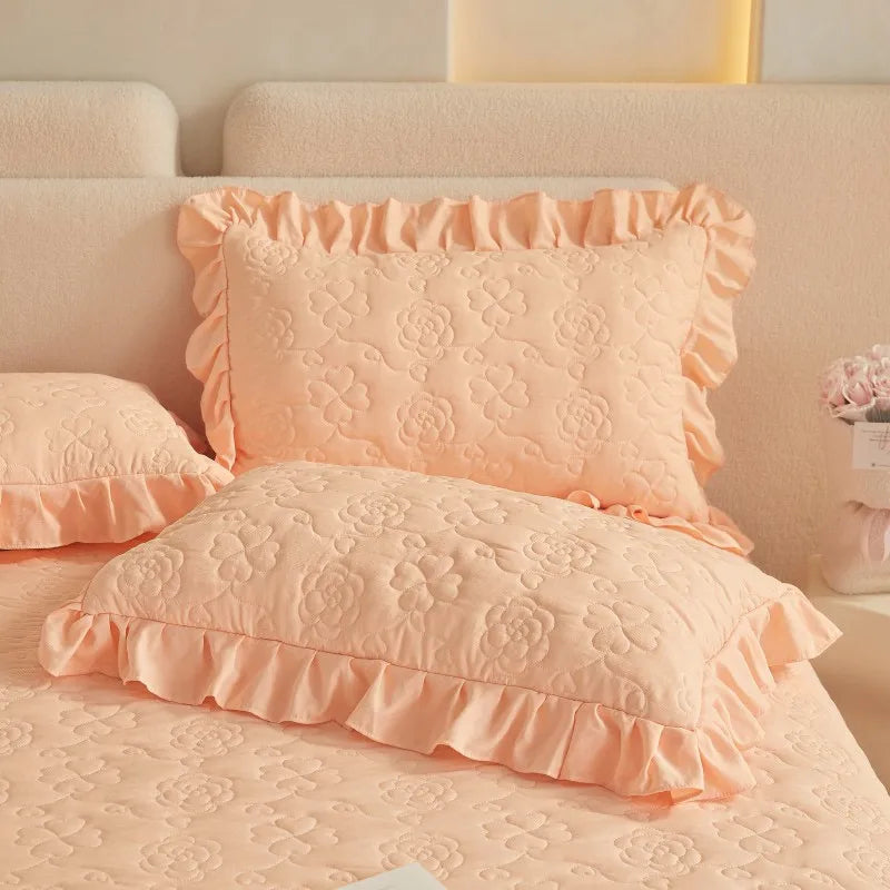 THL1078 Floral Embossed Lace Coverlet Bedspread Solid Bedding Set